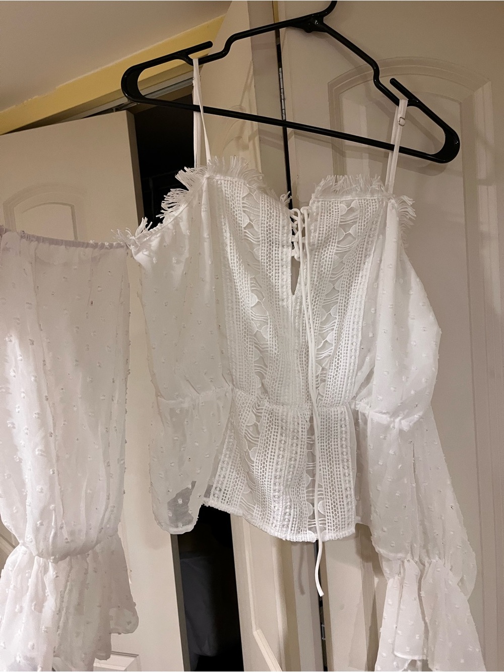 Fashion Nova White Lace & Swiss Dot Off-Shoulder Camisole